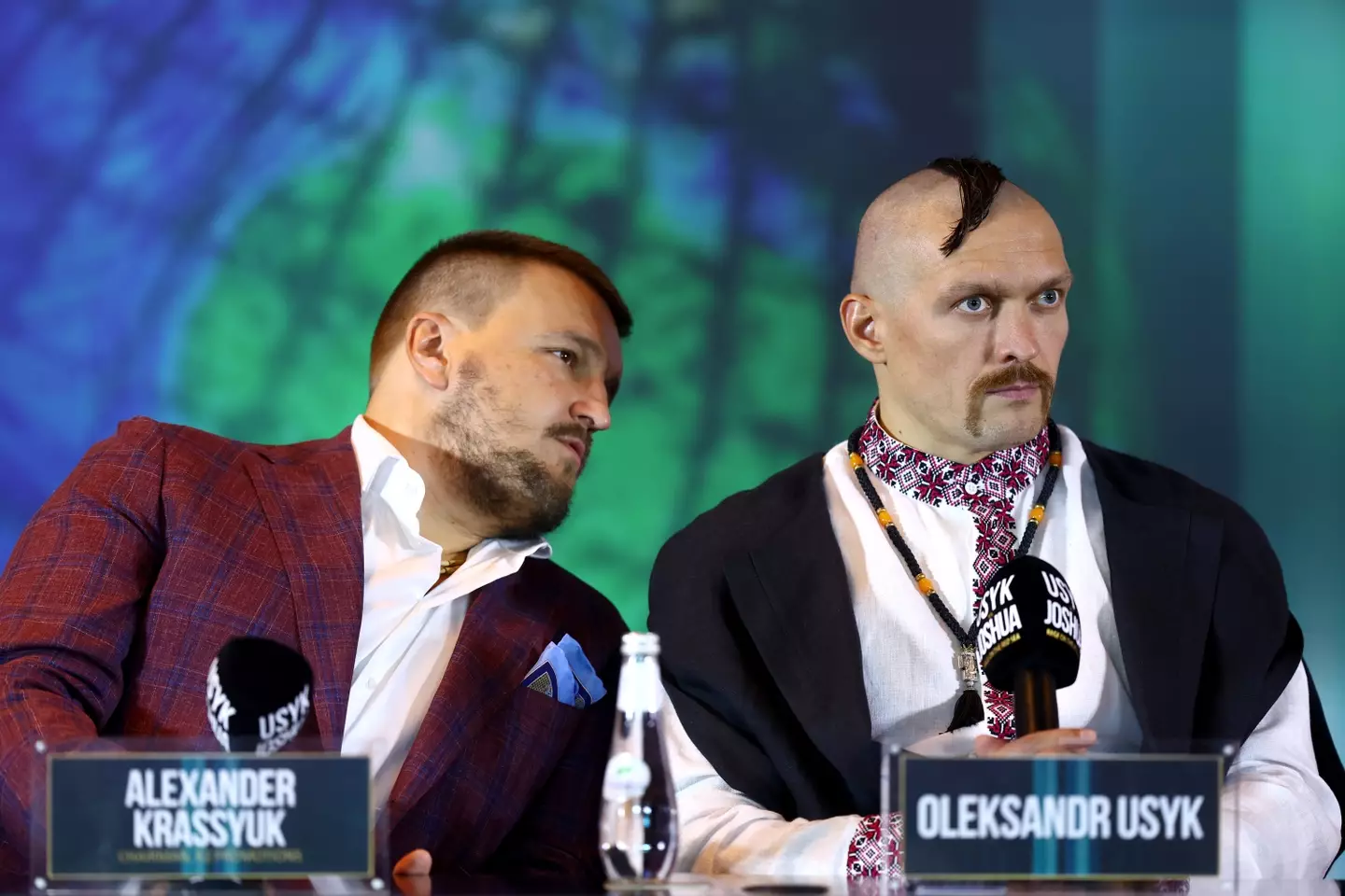 Oleksandr Usyk and Alexander Krassyuk during a press conference. Image: Getty