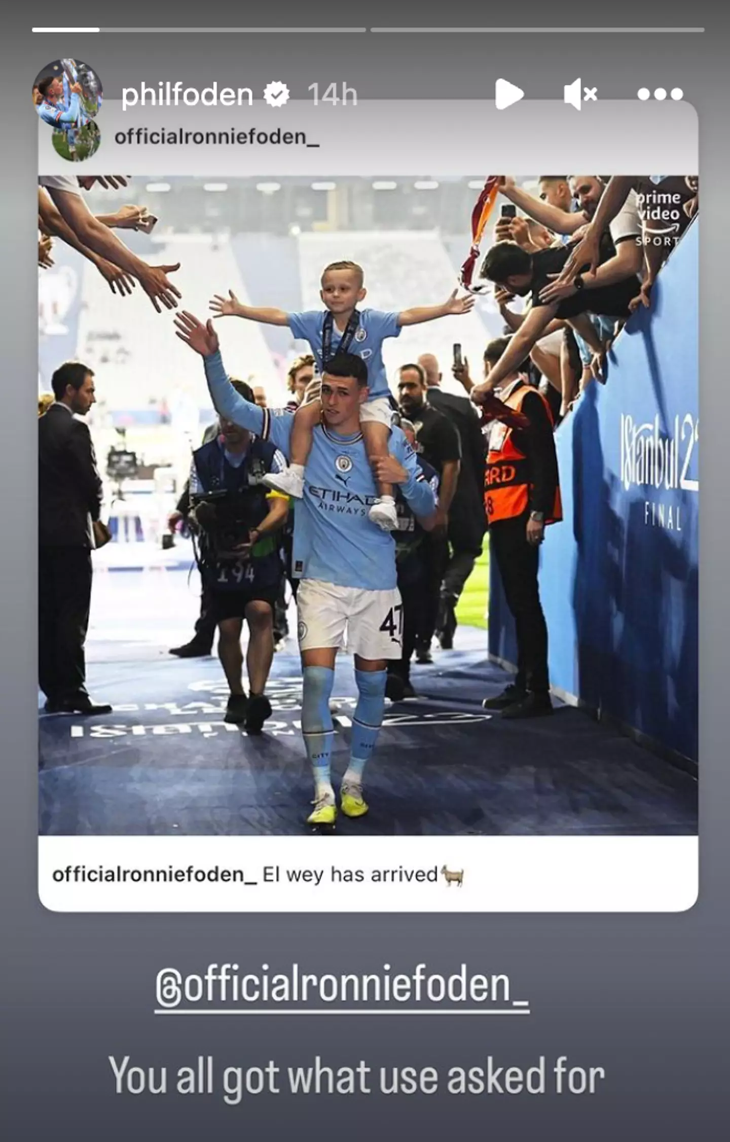 Phil Foden's post on his Instagram story.