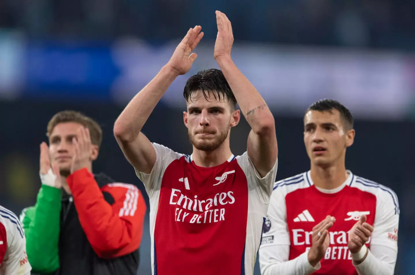 Declan Rice applauds the Arsenal fans after their side's 2-2 draw against Man City -