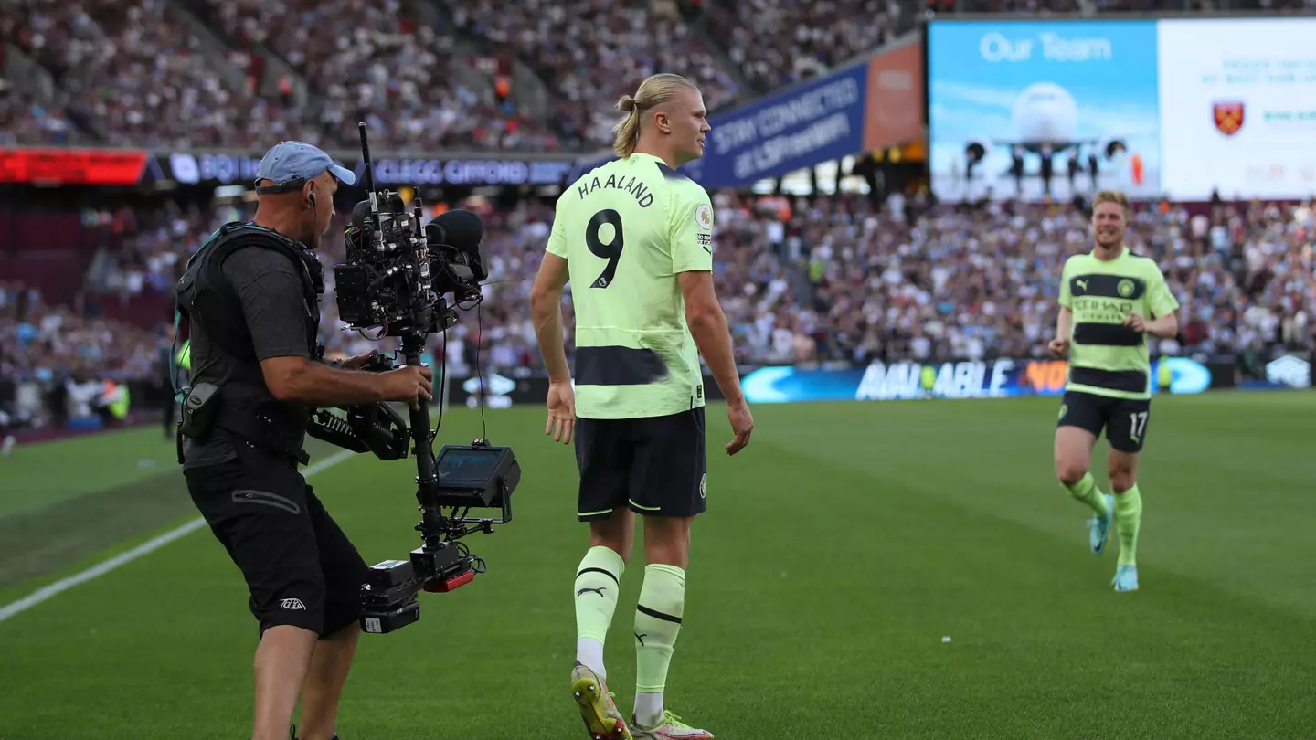 Erling Haaland celebrates his second Manchester City goal.