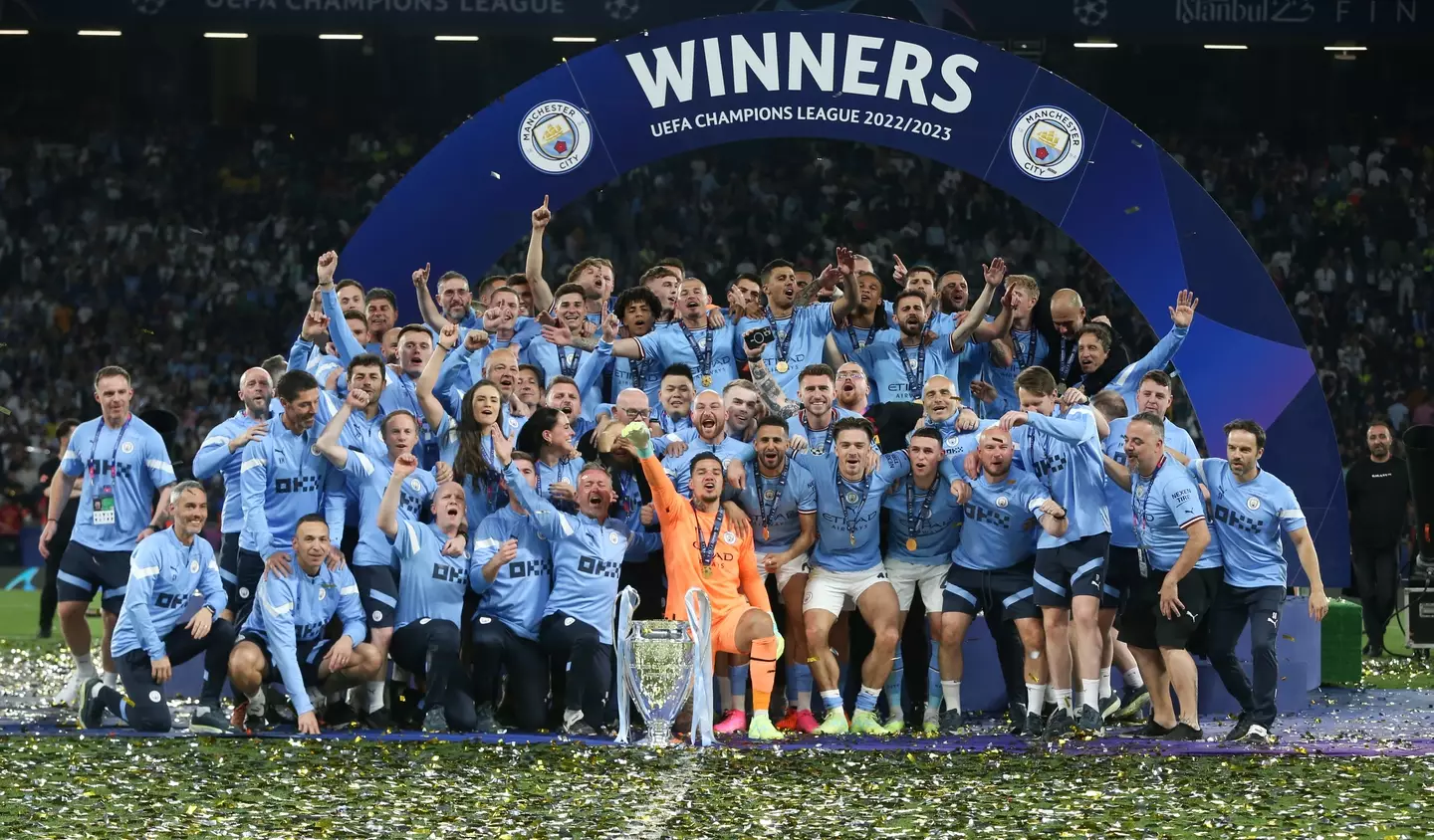 Manchester City celebrate winning the Champions League. Image: Getty