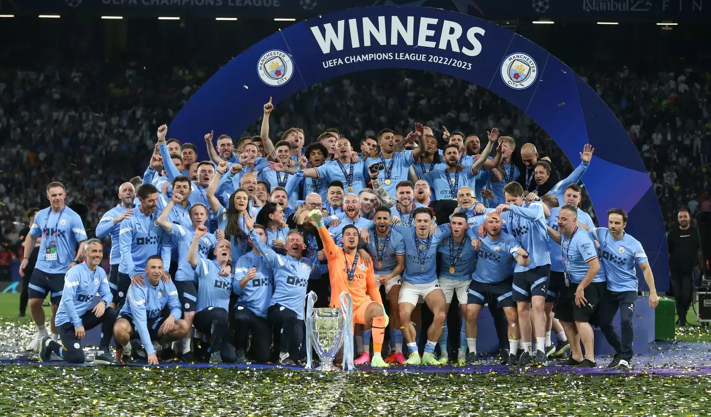 Manchester City celebrate winning the Champions League. Image: Getty 