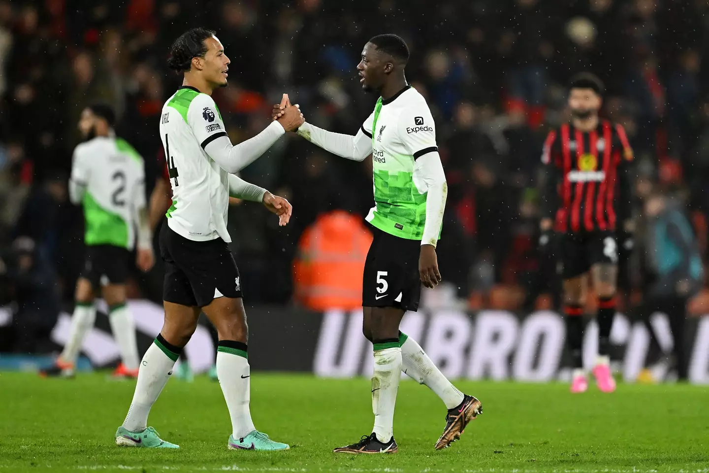 Virgil van DIjk and Ibrahima Konate celebrate a Liverpool victory. Image: Getty