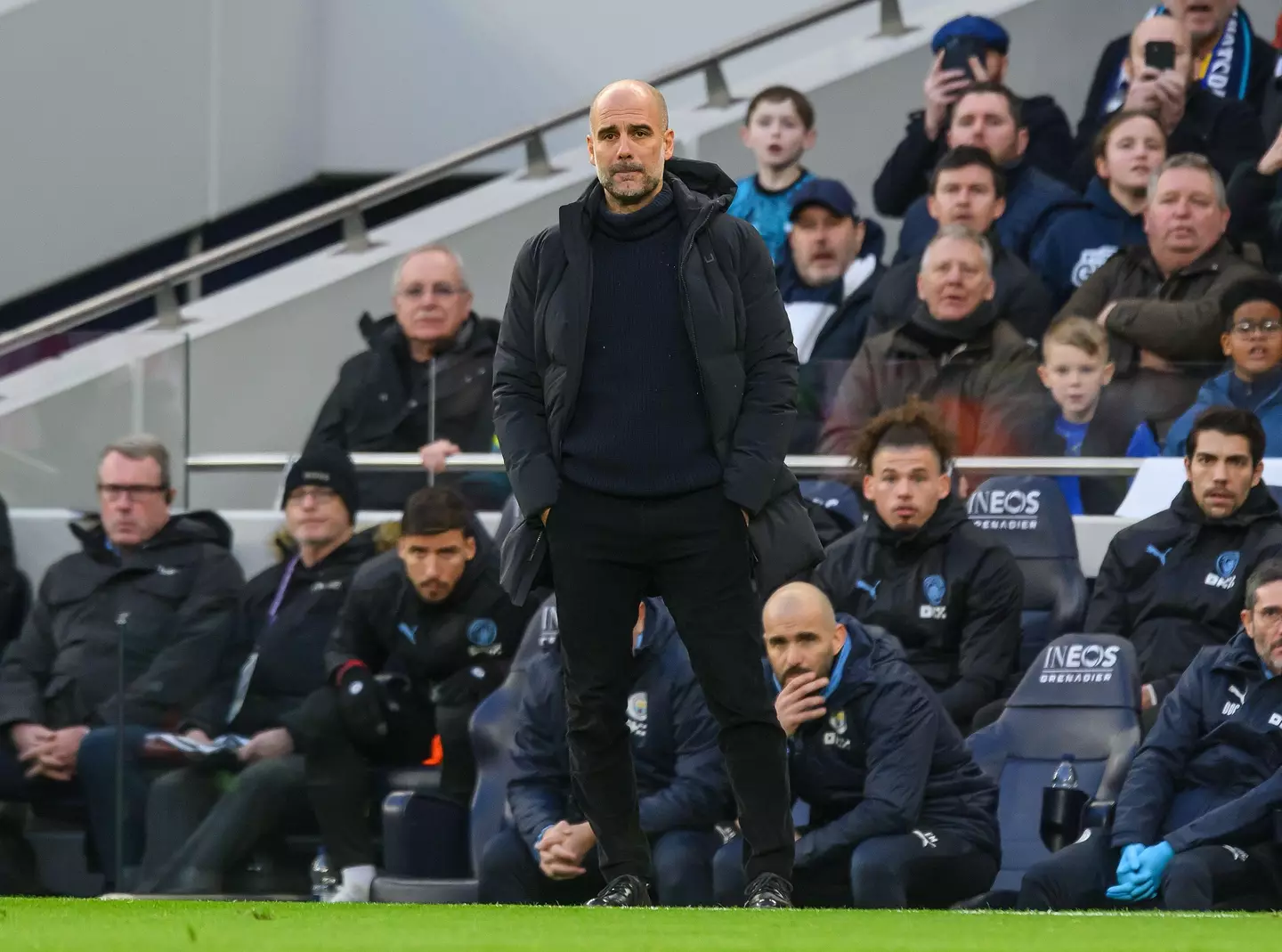 Pep Guardiola on the touchline during Tottenham vs. Manchester City. Image: Alamy 