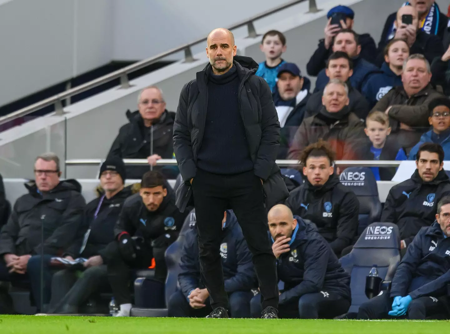 Pep Guardiola on the touchline during Tottenham vs. Manchester City. Image: Alamy