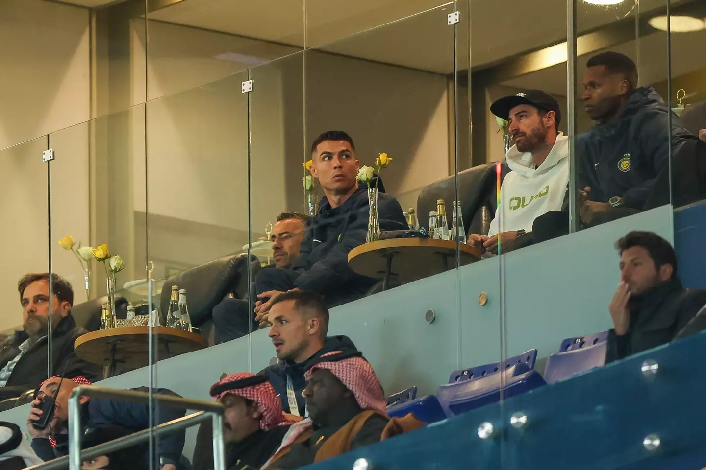 Cristiano Ronaldo watches from the stands. Image: Getty