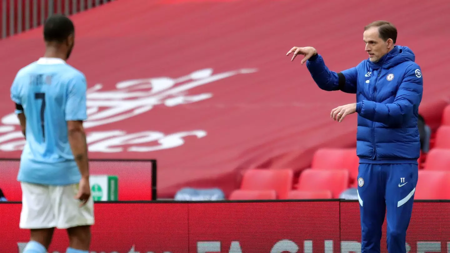 Chelsea manager Thomas Tuchel on the touchline with Manchester City's Raheem Sterling (Alamy)