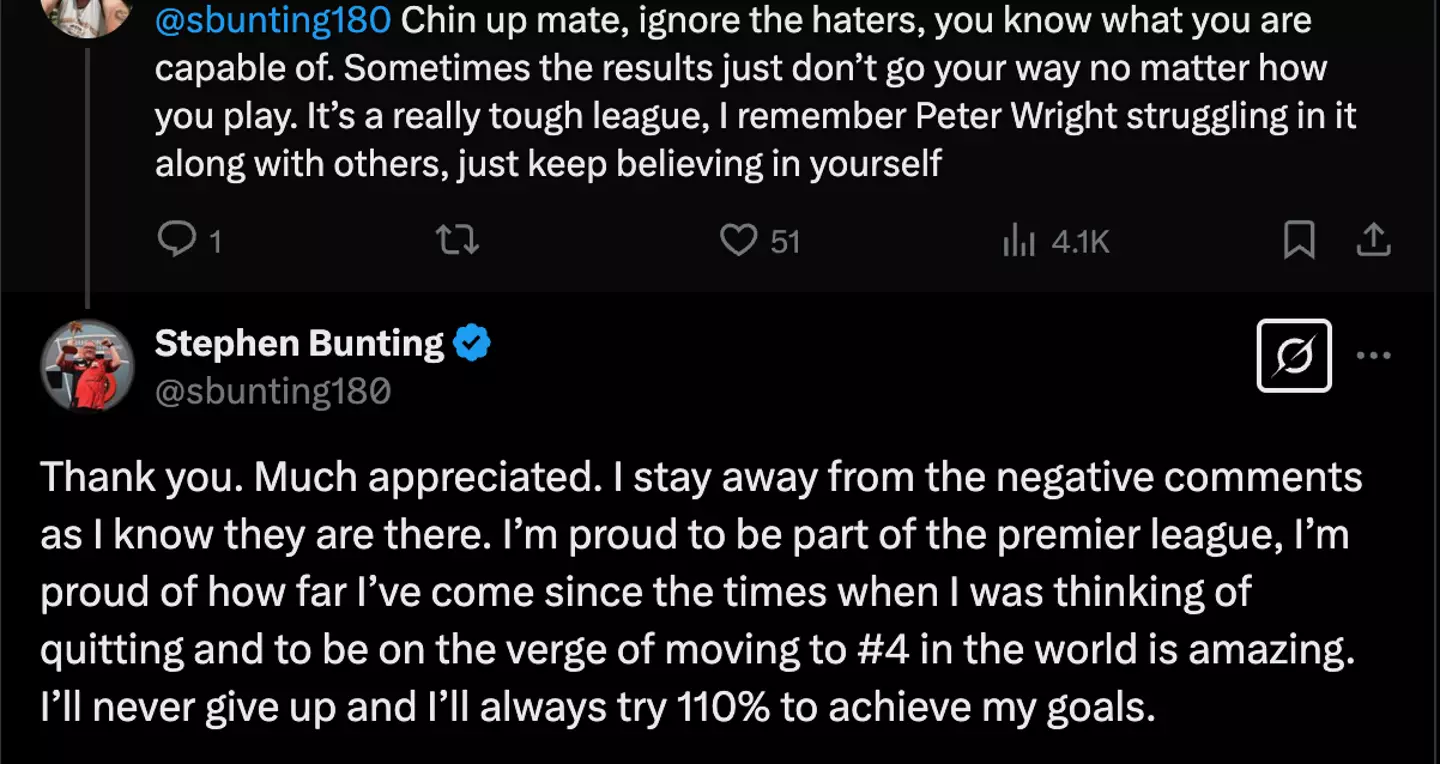 Stephen Bunting thanked two fans on Twitter after losing 6-0 to Luke Littler on Premier League night eight (Image: Twitter)