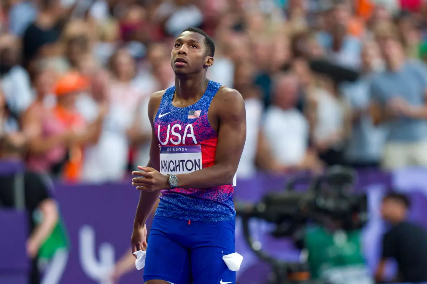 US sprinter Erriyon Knighton pictured after the men's 200m Olympic final in Paris -