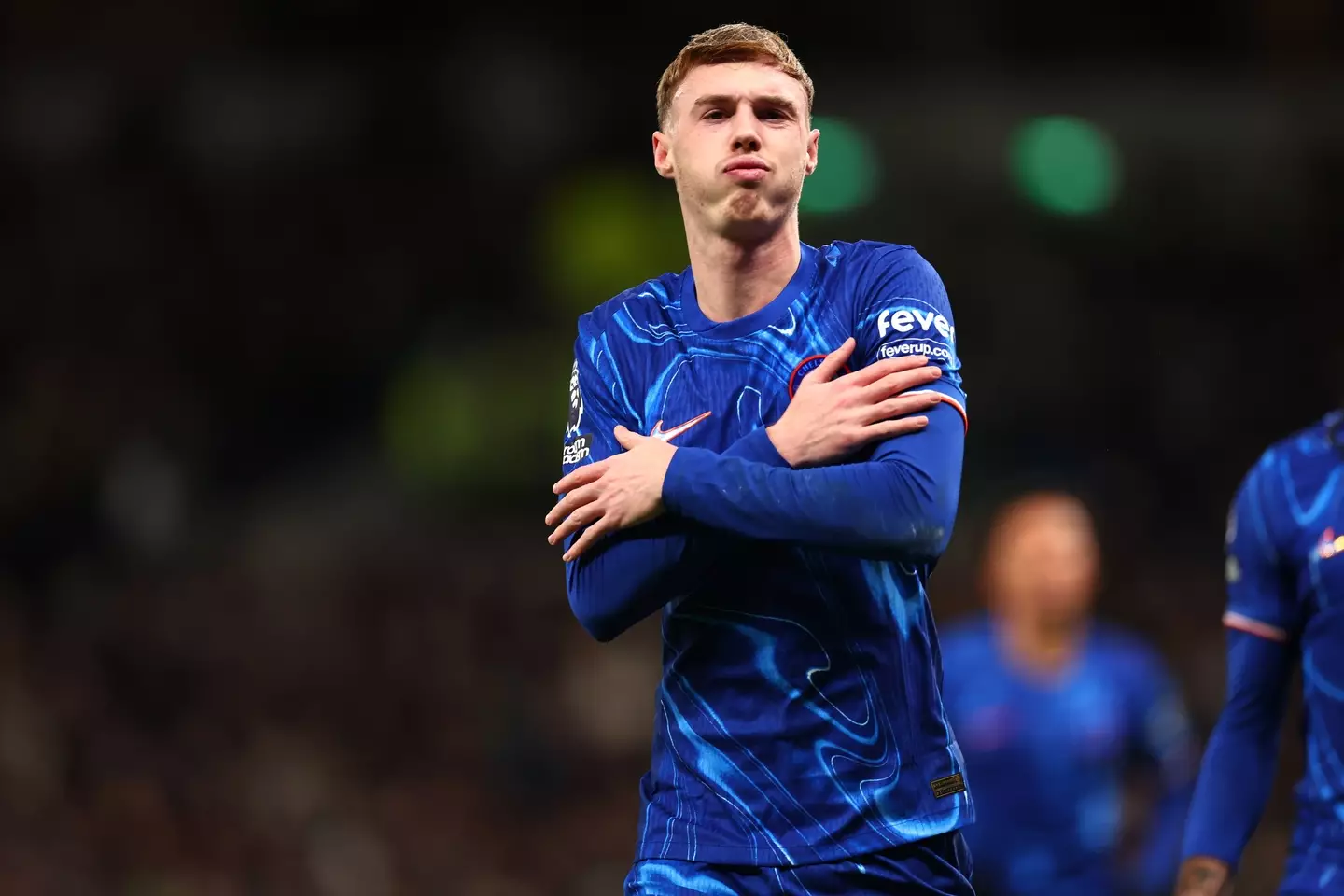 Cole Palmer celebrates scoring against Tottenham with his trademark celebration. Image: Getty