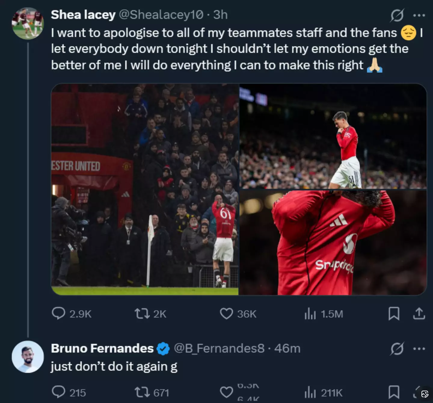 One of the hacked posts was sent to United forward Shea Lacey (Image: Twitter)