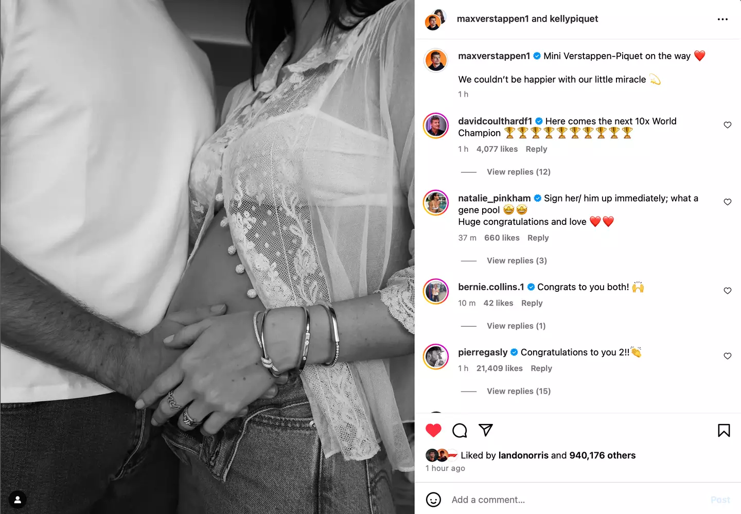 Max Verstappen and Kelly Piquet have announced they are expecting their first child. Image: Instagram/@maxverstappen1/@kellypiquet's profile picture kellypiquet