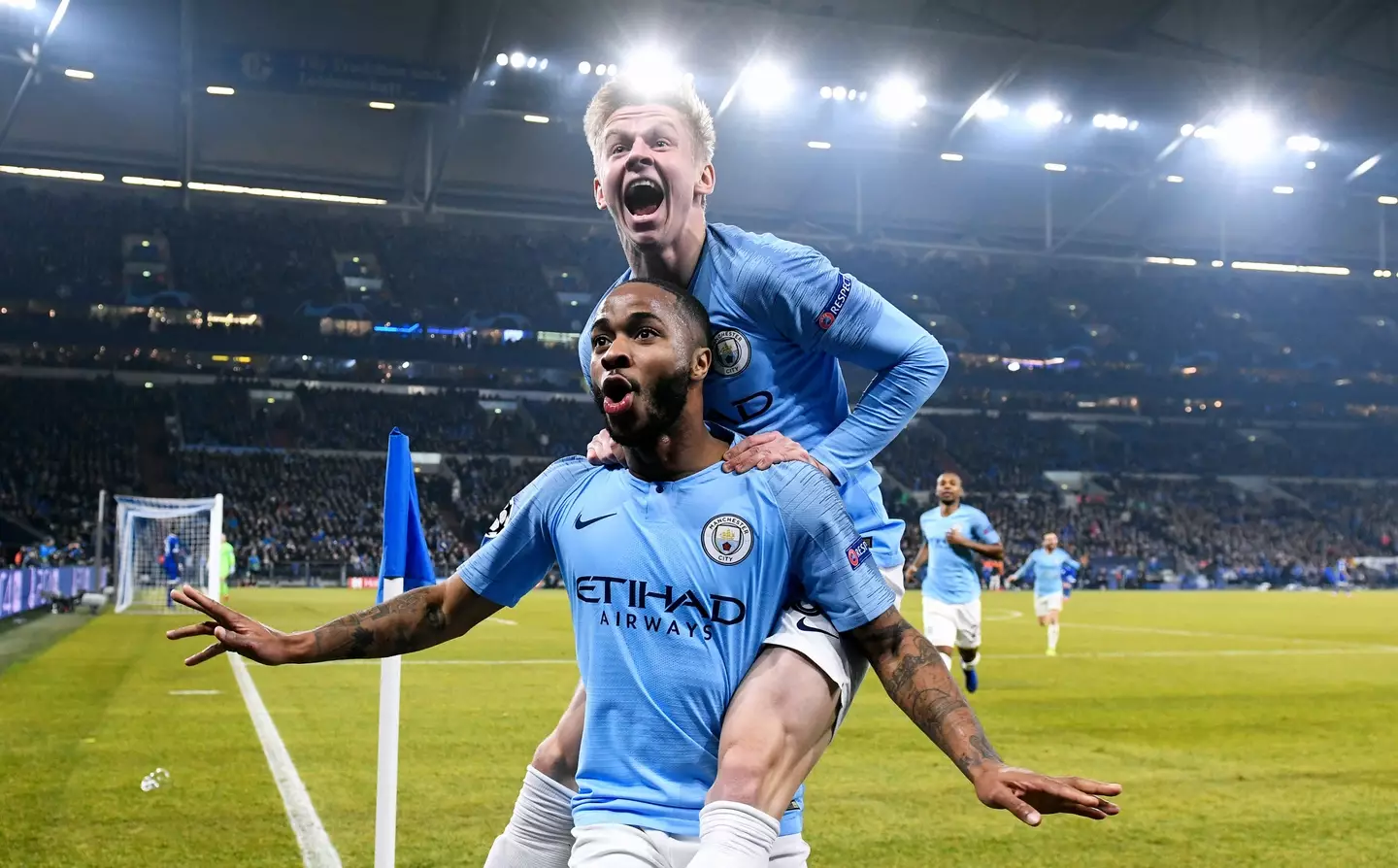 Raheem Sterling and Oleksandr Zinchenko celebrating for Man City. (Alamy)