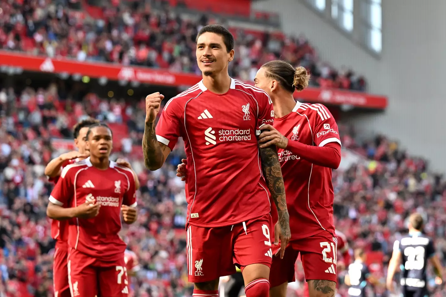 Darwin Nunez celebrates scoring for Liverpool in a recent pre-season game against Athletic Bilbao. Image credit: Getty
