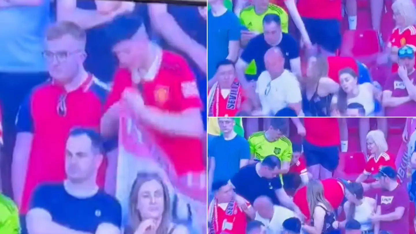 Manchester United fan went viral after taking a tumble on live TV in the Sevilla away end