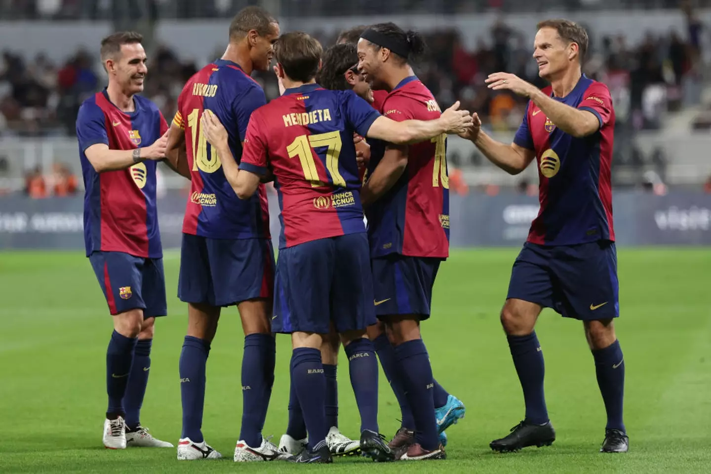 Ronaldinho, Rivaldo, Frank de Boer and Gaizka Mendieta (all pictured) are playing for Barcelona Legends (Image: Getty)