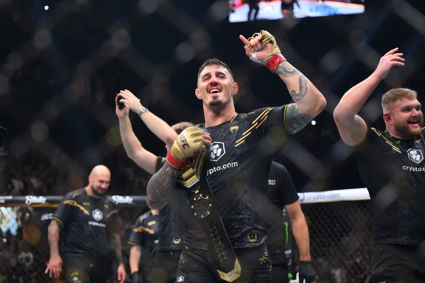 Tom Aspinall celebrates his victory over Curtis Blaydes at UFC 304. Image: Getty