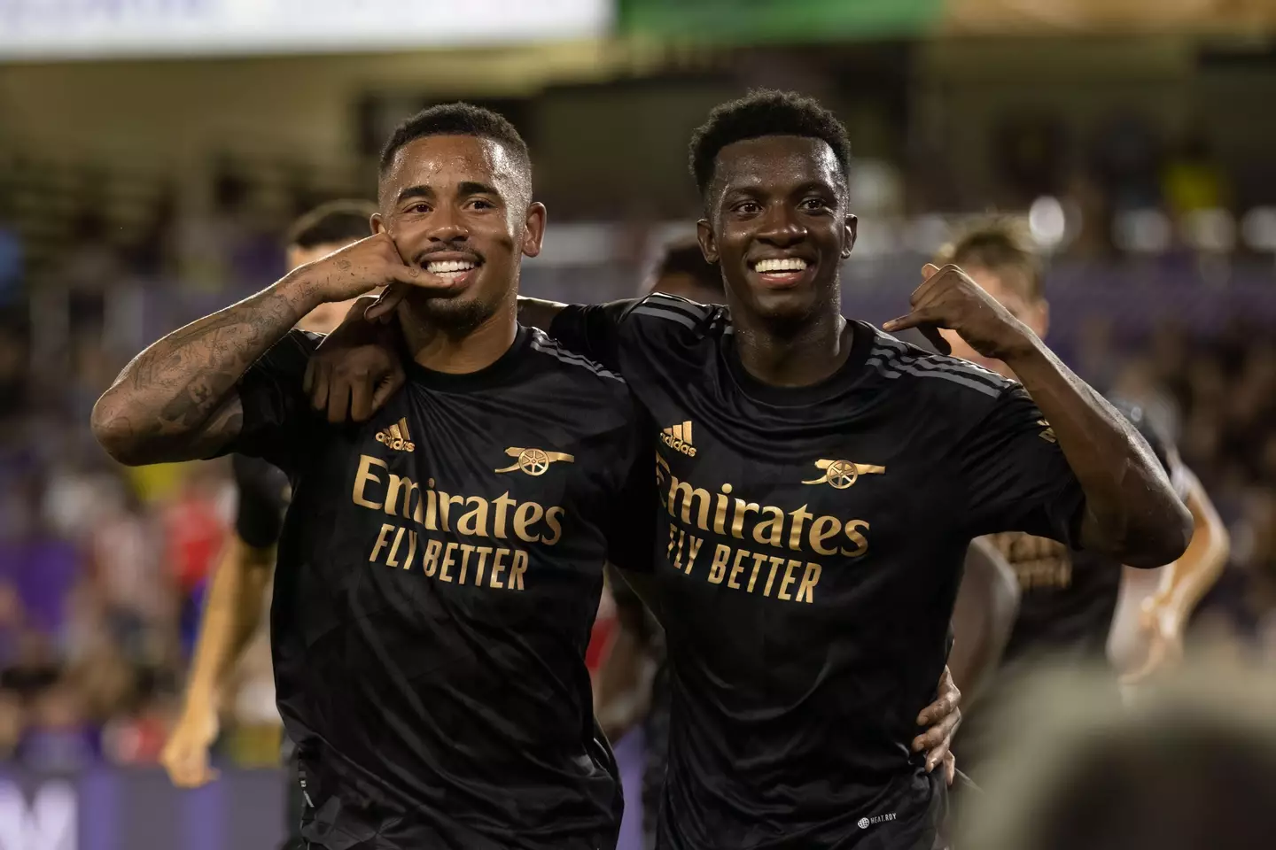 Eddie Nketiah and Gabriel Jesus celebrate.
