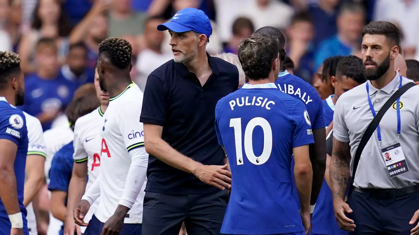 Chelsea manager Thomas Tuchel and Christian Pulisic at full time after the Premier League match at Stamford Bridge, London. (Alamy)