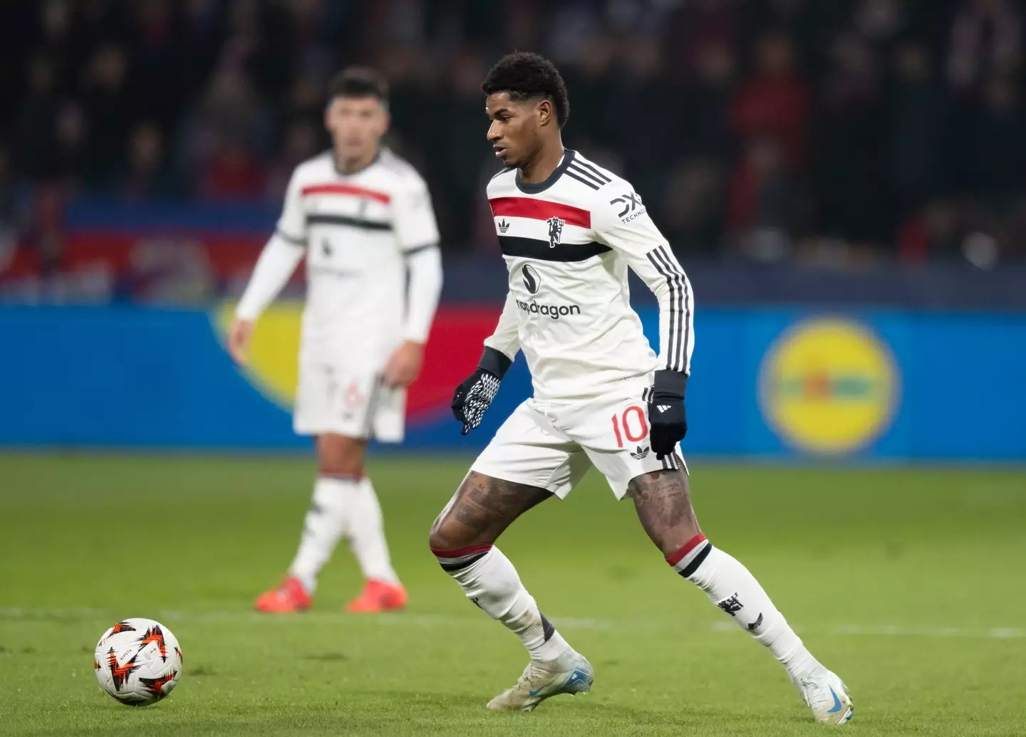 Marcus Rashford in action for Manchester United in the Europa League. Image: Getty