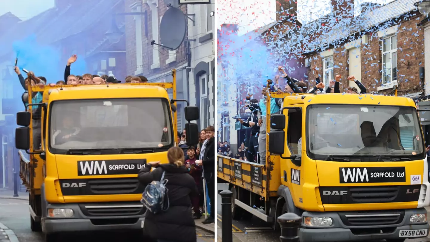 Non League team celebrate title with open top bus parade in scaffolding lorry, the scenes were incredible