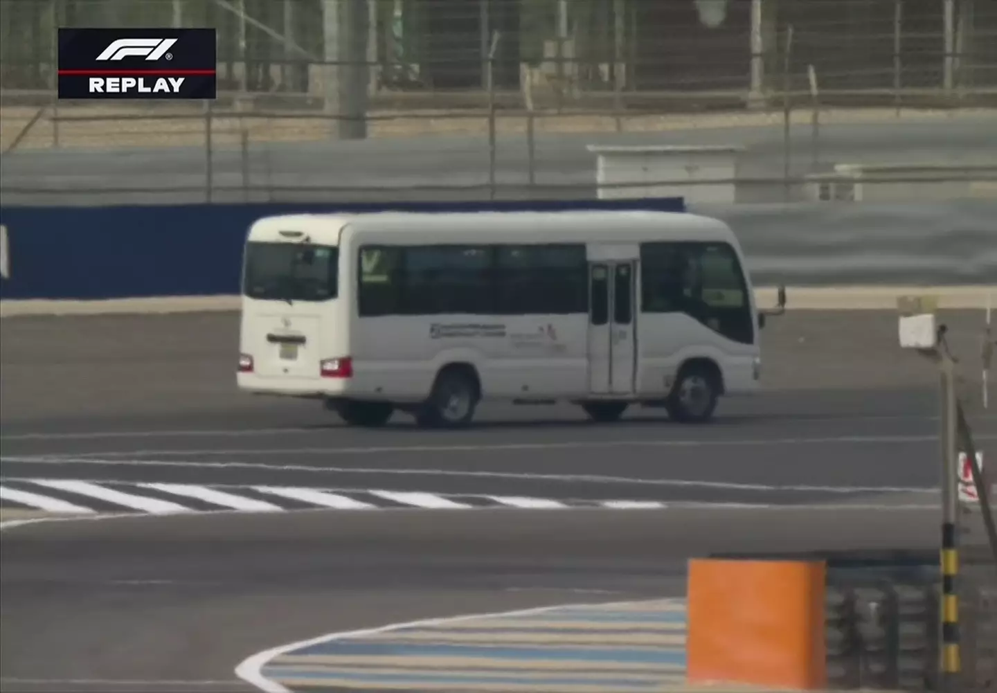A bus appeared on the track during testing in Bahrain. Image credit: F1
