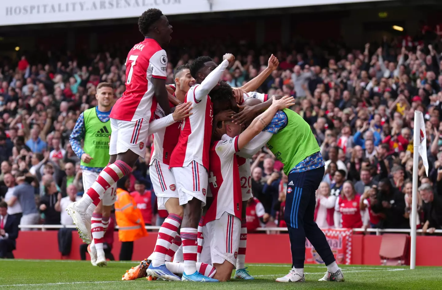 Arsenal players celebrate their team's third goal against United at the weekend. Image: PA Images