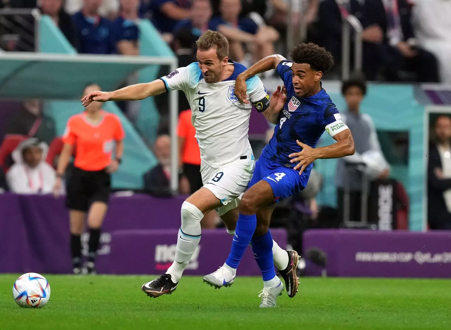 Harry Kane and Tyler Adams battle for the ball. Image: Alamy