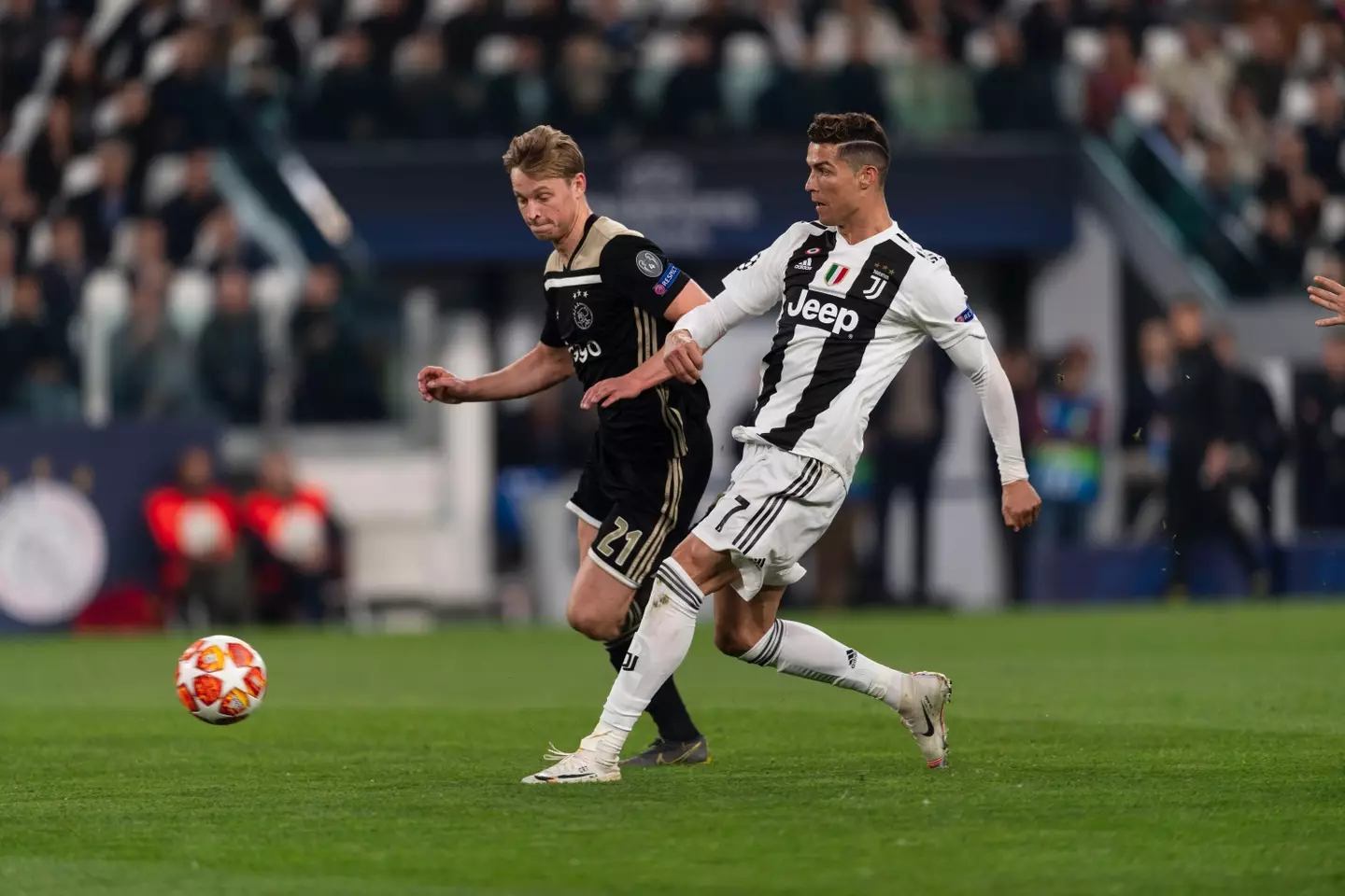 Cristiano Ronaldo and Frenkie de Jong battle it out in the Champions League in 2019. (Alamy)