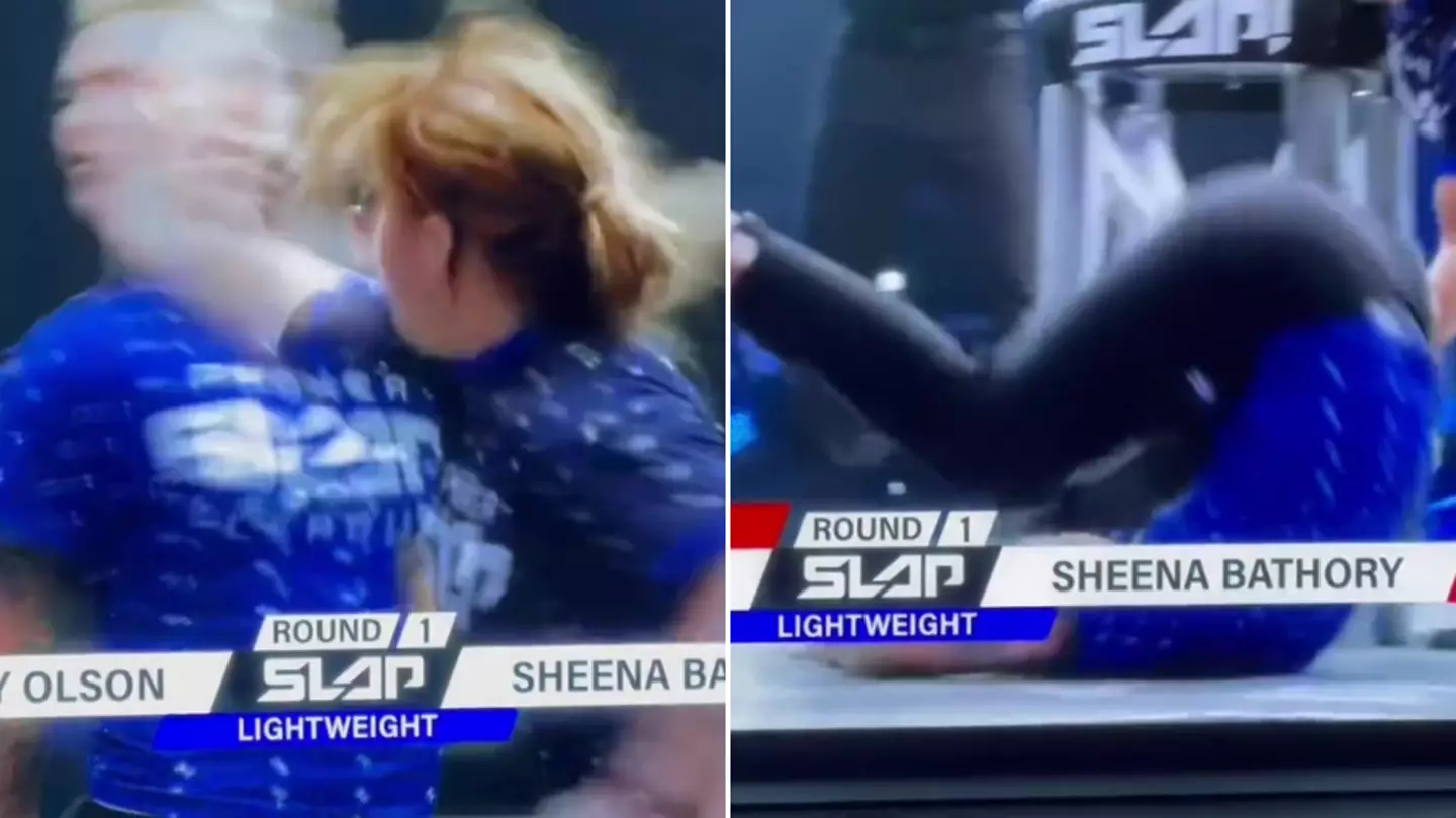 Power Slap athlete does a roly-poly after getting KO'd from brutal shot
