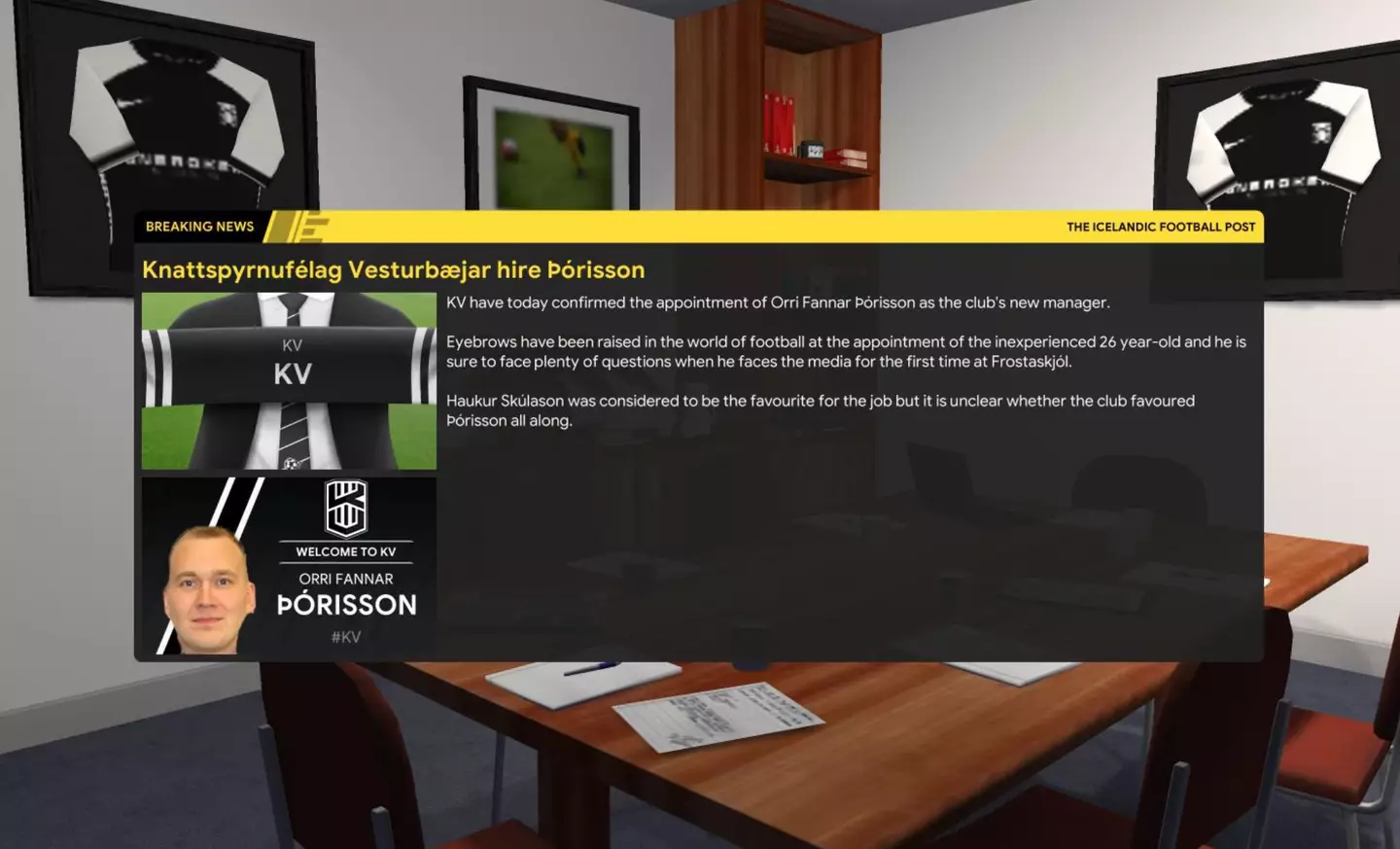 KV announced the signing of Orri by using Football Manager. Image credit: Sports Interactive