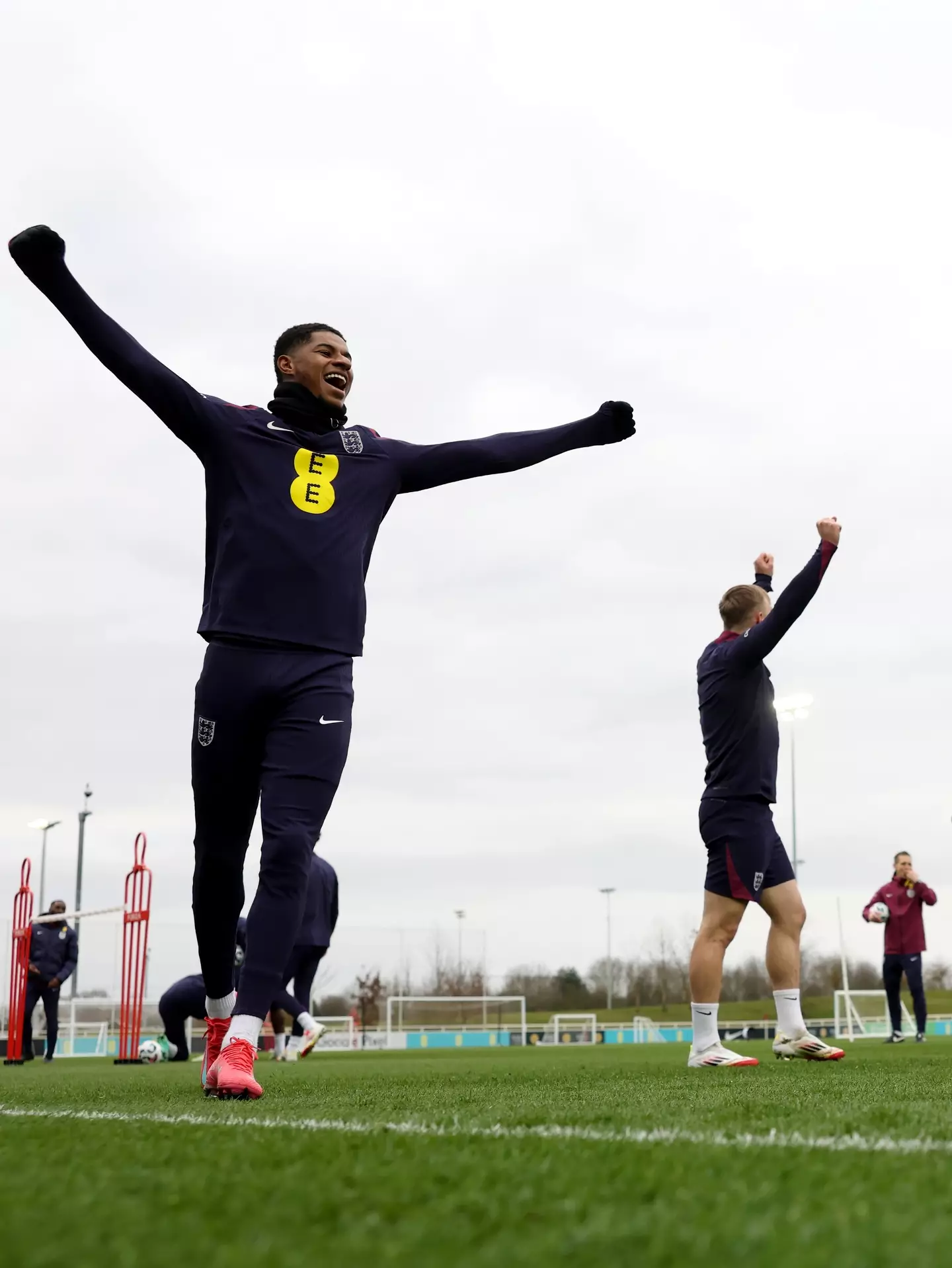 Marcus Rashford was all smiles back in England training. Image: Getty