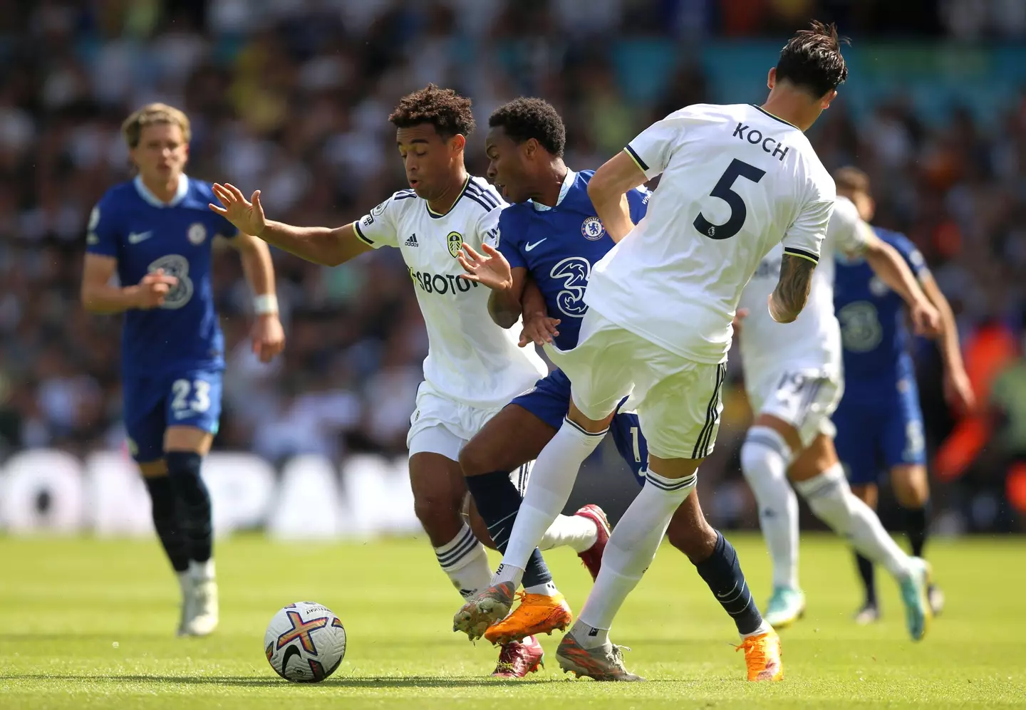 Tyler Adams battles with Chelsea winger Raheem Sterling. (Image