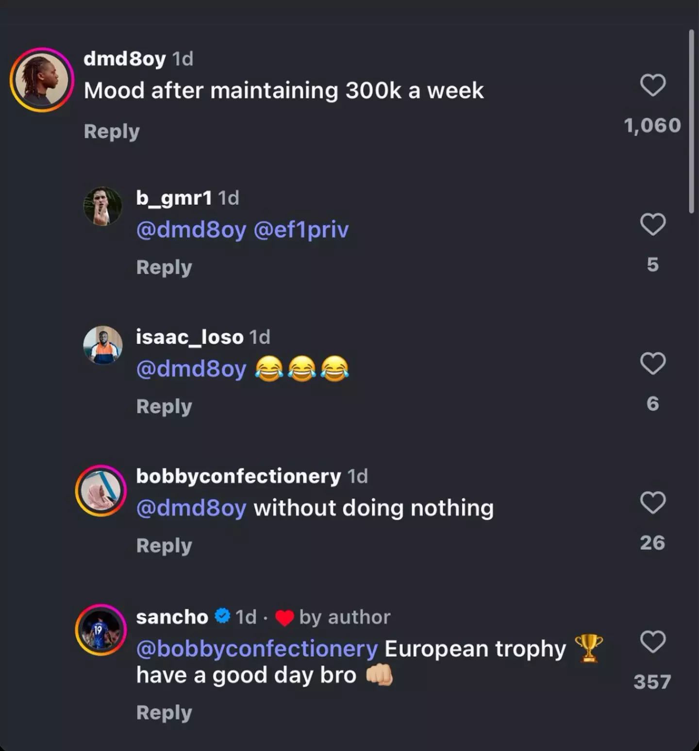 Jadon Sancho instagram comment (@footballerfits)