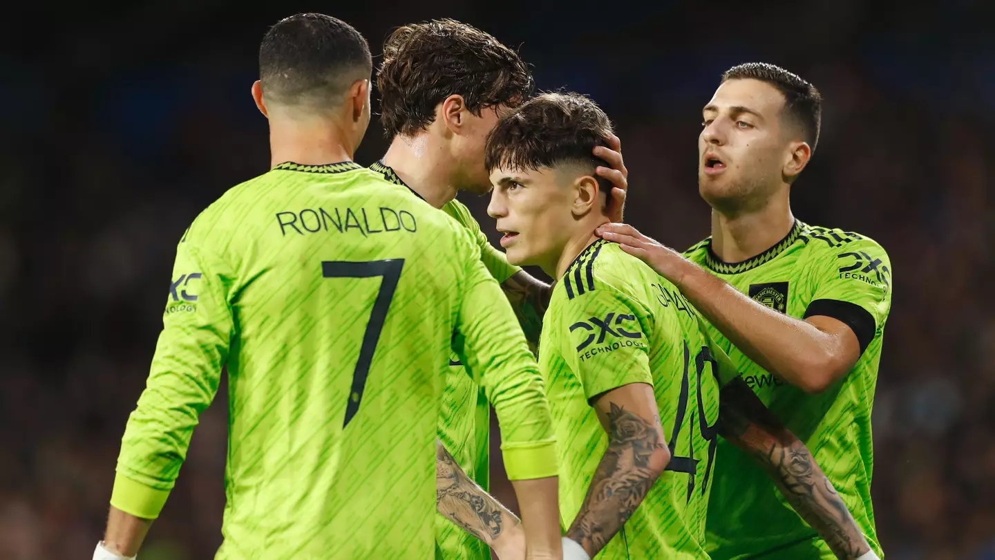 Manchester United players celebrate with Alejandro Garnacho after his goal against Real Sociedad. (Alamy)