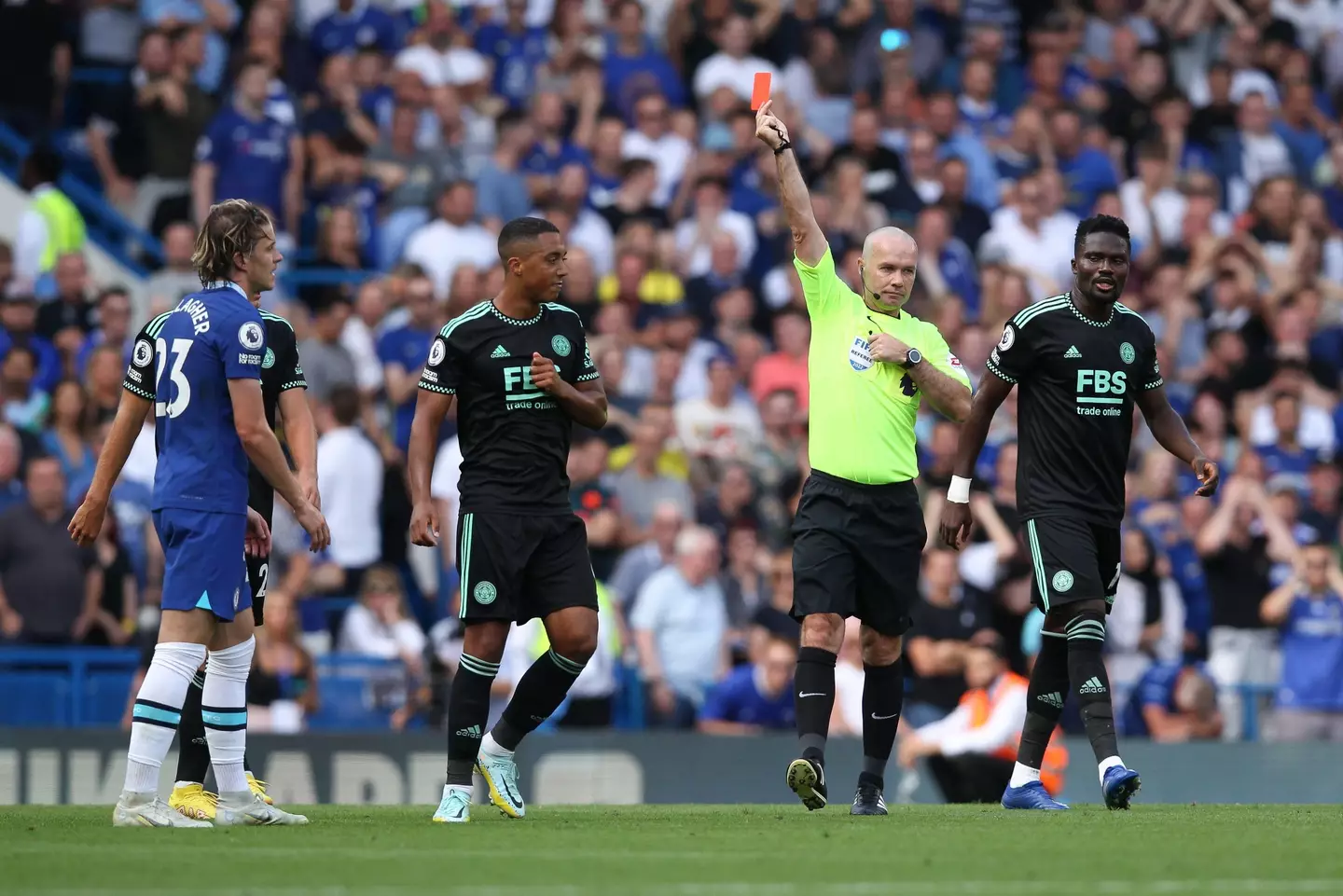 Conor Gallagher receiving a red card against Leicester City in the Premier League. (Alamy)