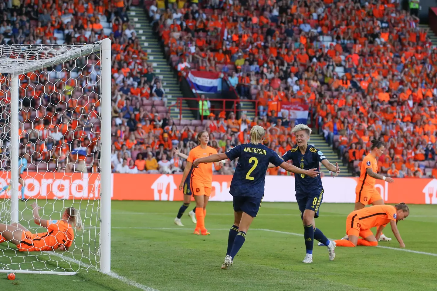 Goalscorer Jonna Andersson celebrates with Lina Hurtig after putting Sweden 1-0 up. Image: Alamy