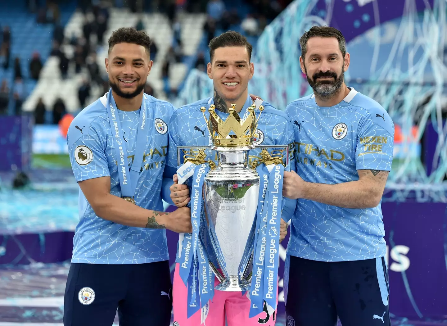 Carson holds Premier League title with Ederson and Zack Steffen. 