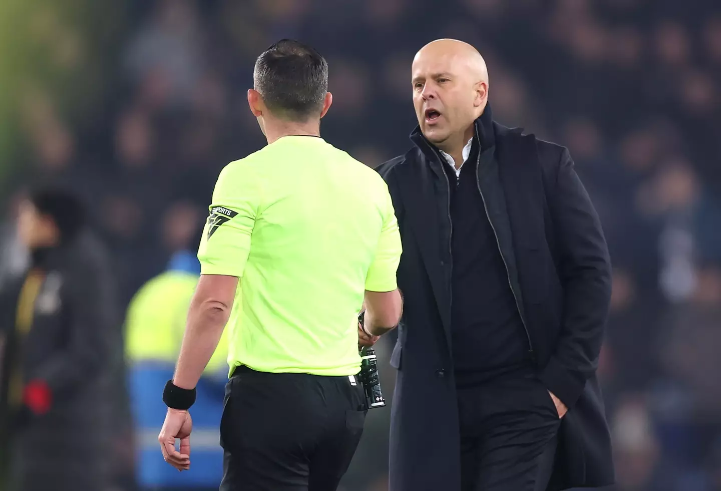 Arne Slot was shown a red card by Michael Oliver. Image: Getty
