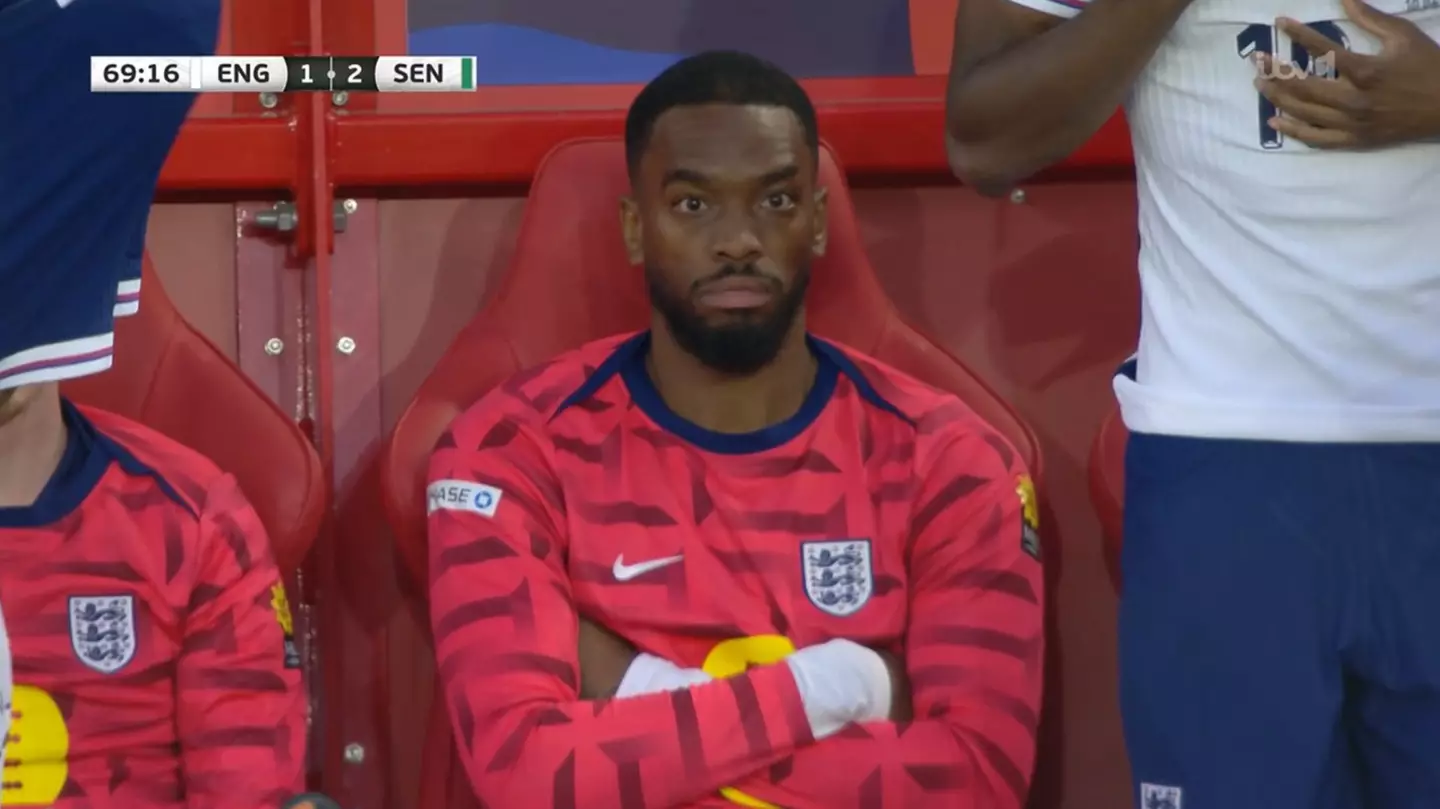 Ivan Toney watches on as he is snubbed of an appearance in the 70th minute against Senegal. Image: ITV