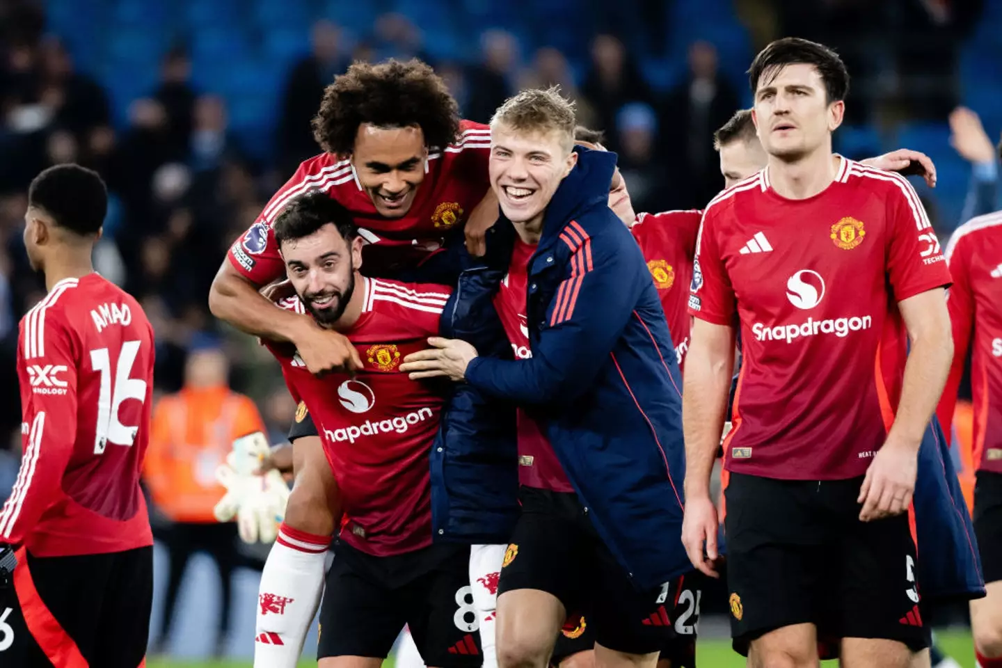 Joshua Zirkzee couldn't hold back his excitement after Man Utd's win over Manchester City. (Image: Getty)