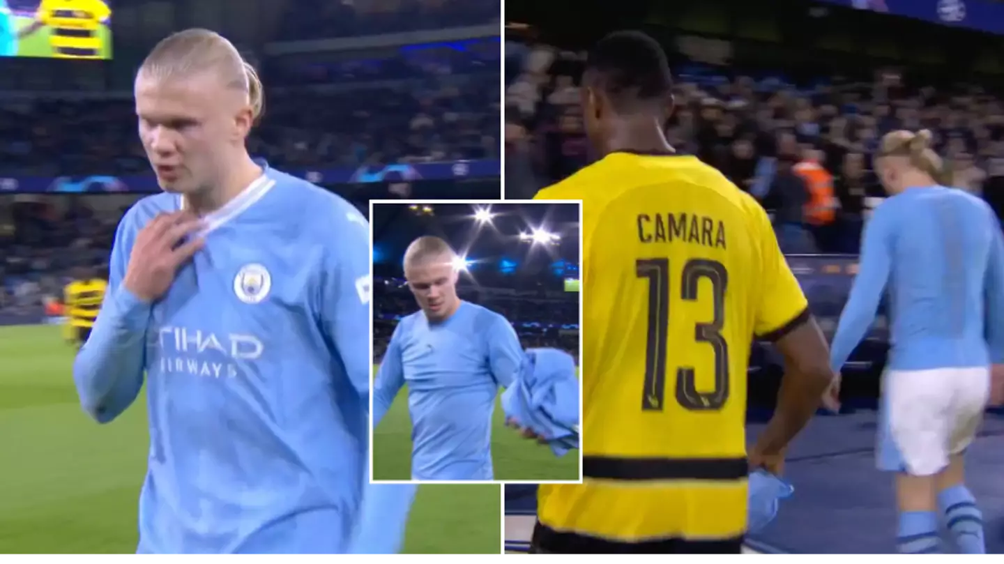 Erling Haaland shakes his head after Young Boys player asks for his shirt at half-time