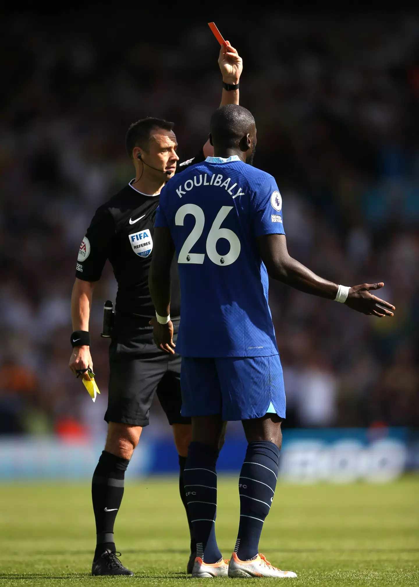 Referee Stuart Attwell shows a red card to Chelsea's Kalidou Koulibaly during the Premier League match at Elland Road. (Alamy)