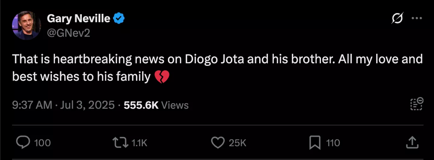 Gary Neville has paid tribute to Jota (Image: Twitter/@GNev2)