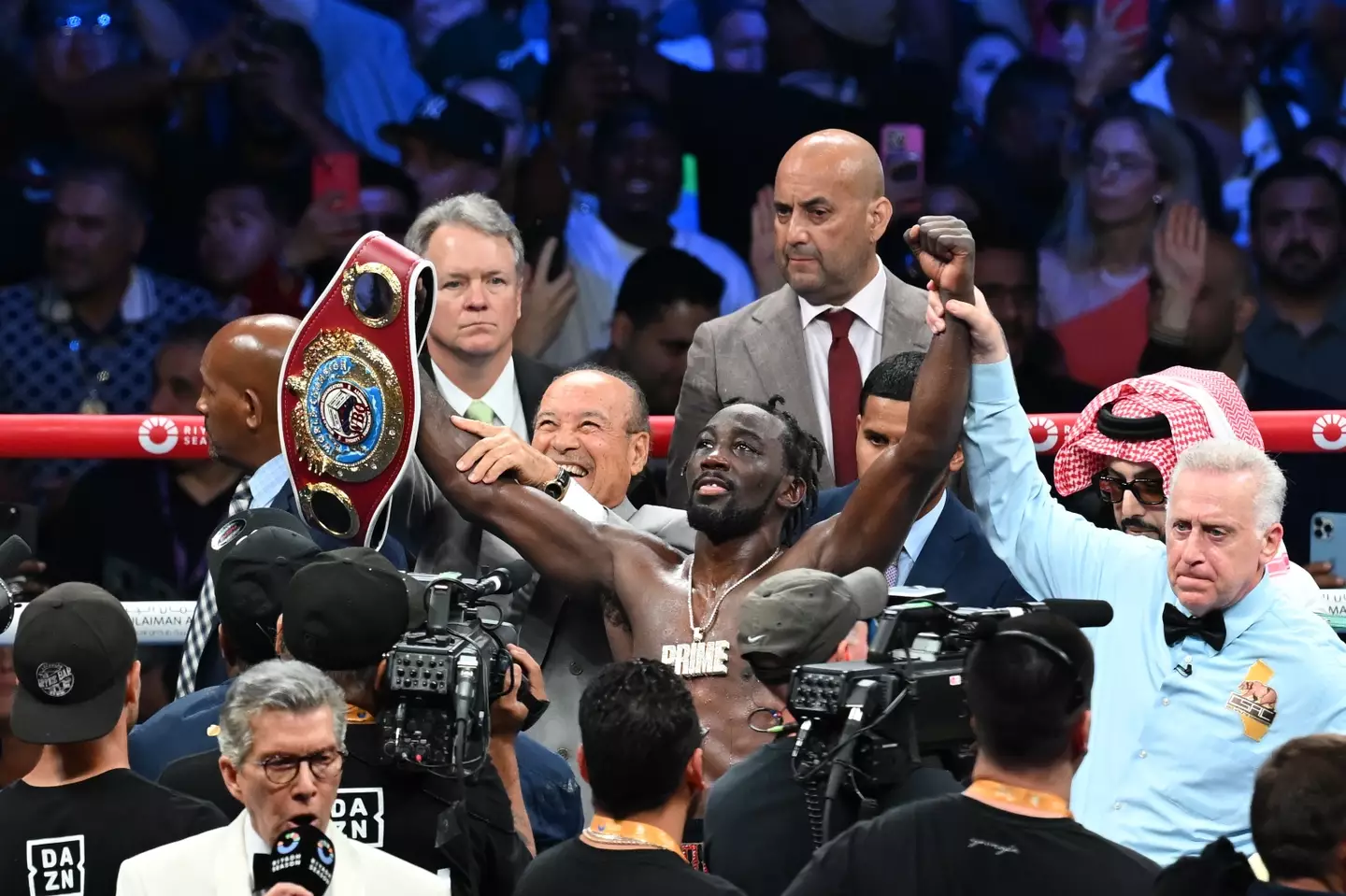 Terence Crawford celebrates winning the WBA light-middleweight world title. Image: Getty