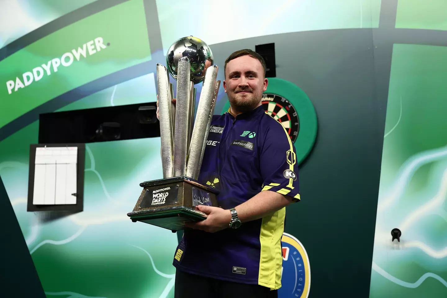Luke Littler celebrates winning the World Darts Championship. Image: Getty