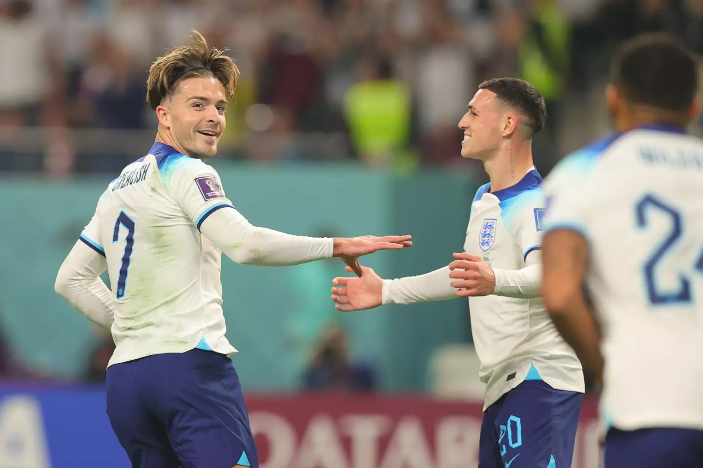 Grealish and Foden celebrate the former's goal in England's 6-2 win over Iran. (Image