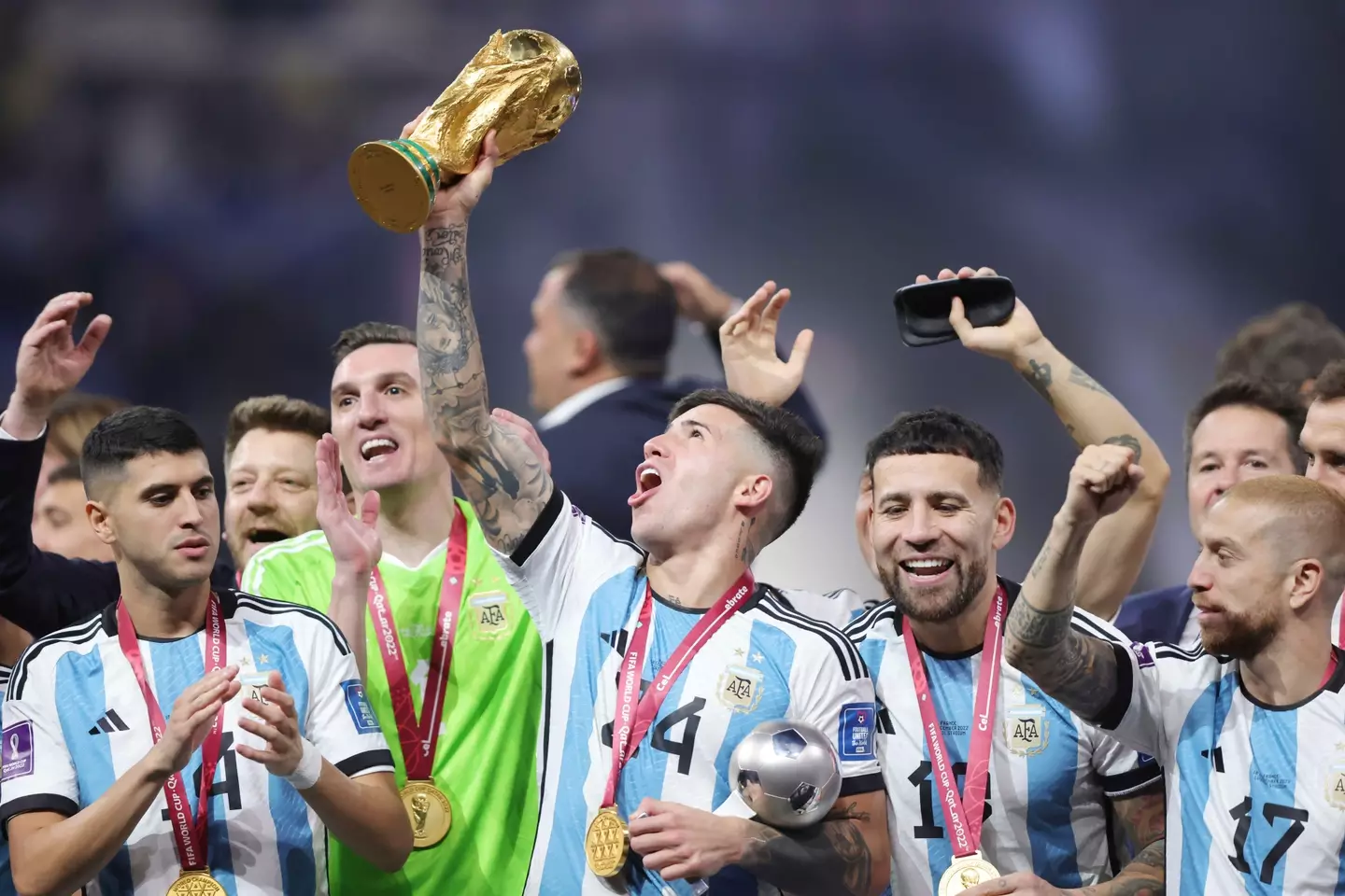 Enzo Fernandez lifts the World Cup. Image; Alamy