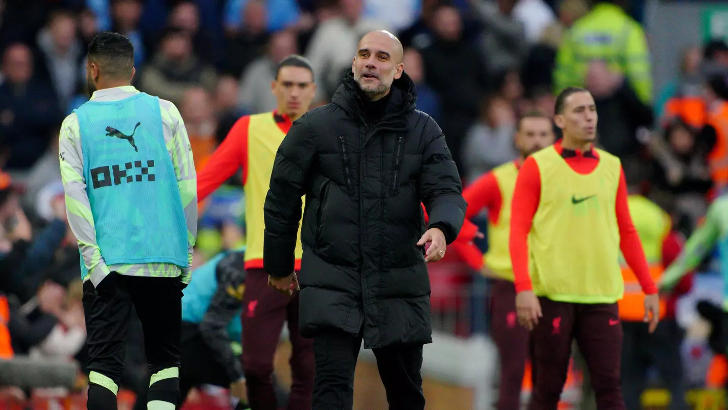 Manchester City manager Pep Guardiola on the sideline during the Premier League match at Anfield (PA Images/Alamy)