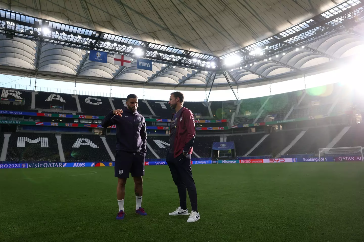Kyle Walker and Gareth Southgate at the Waldstadion. Image: Getty